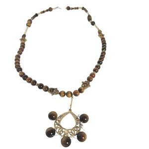 Tiger Eye Hamsa Hand Cabochons Statement Handmade Necklace